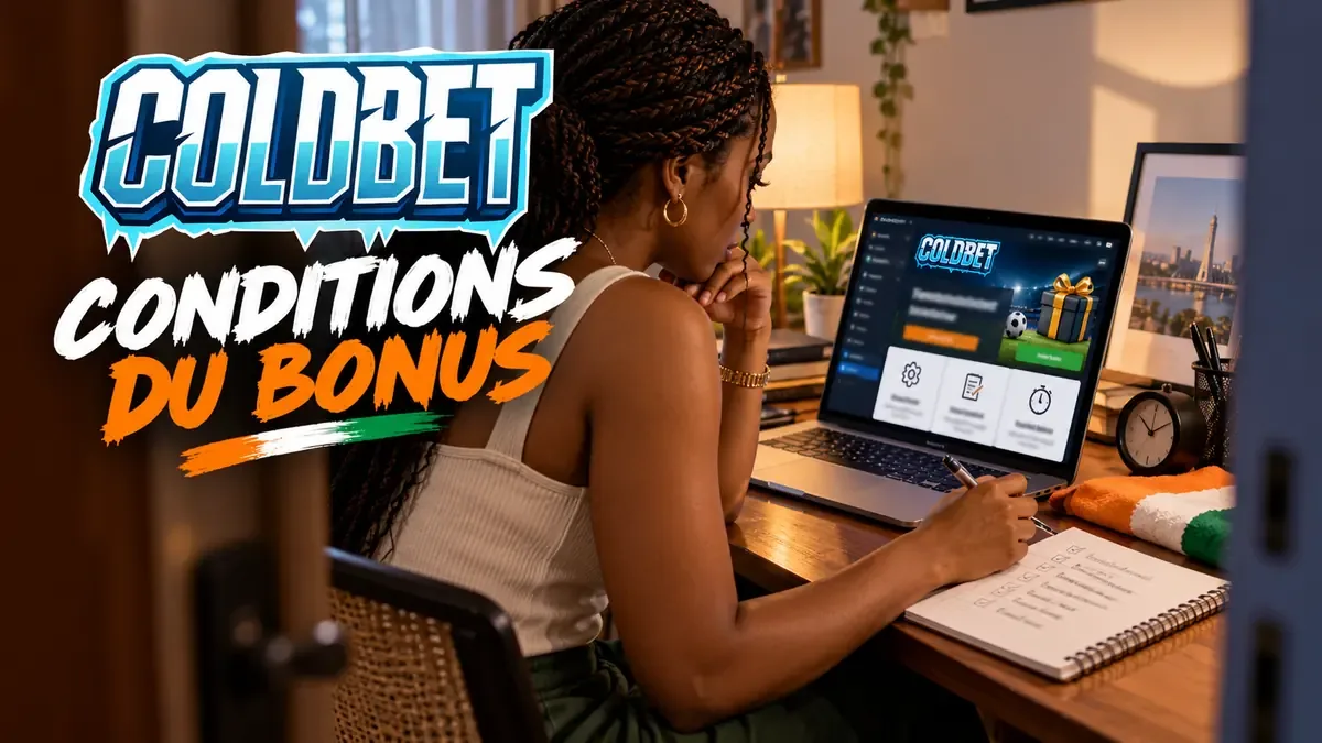 Femme lisant les conditions du bonus Coldbet sur un ordinateur portable, carnet de notes à côté