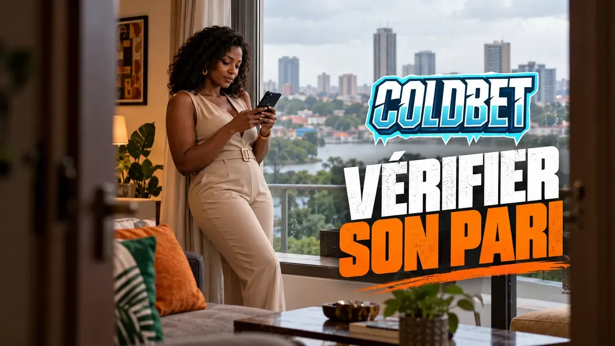 Femme vérifiant l'historique de ses paris Coldbet sur son téléphone près d'une fenêtre sur Abidjan