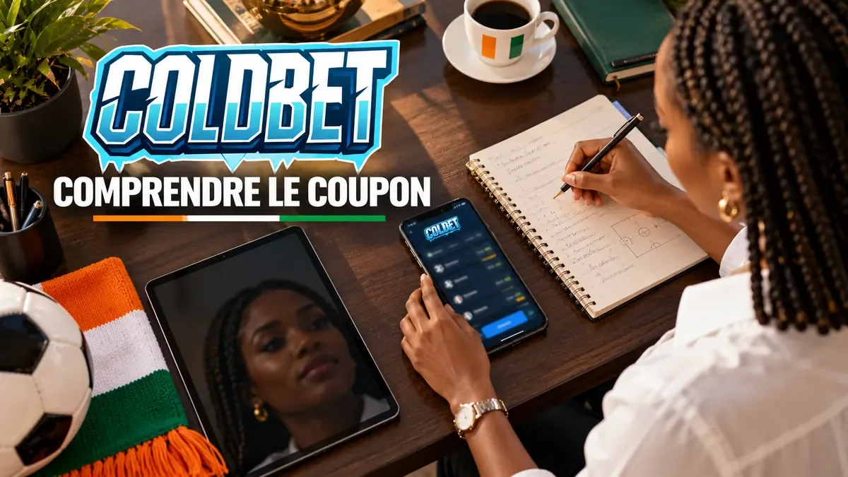 Femme notant les champs de son coupon Coldbet dans un carnet, smartphone et tablette sur la table