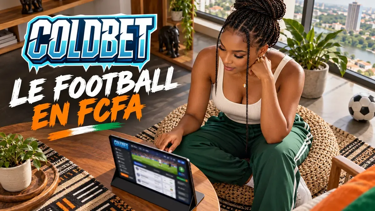 Jeune femme consultant des paris football en FCFA sur une tablette, ballon et écharpe orange, blanc, vert