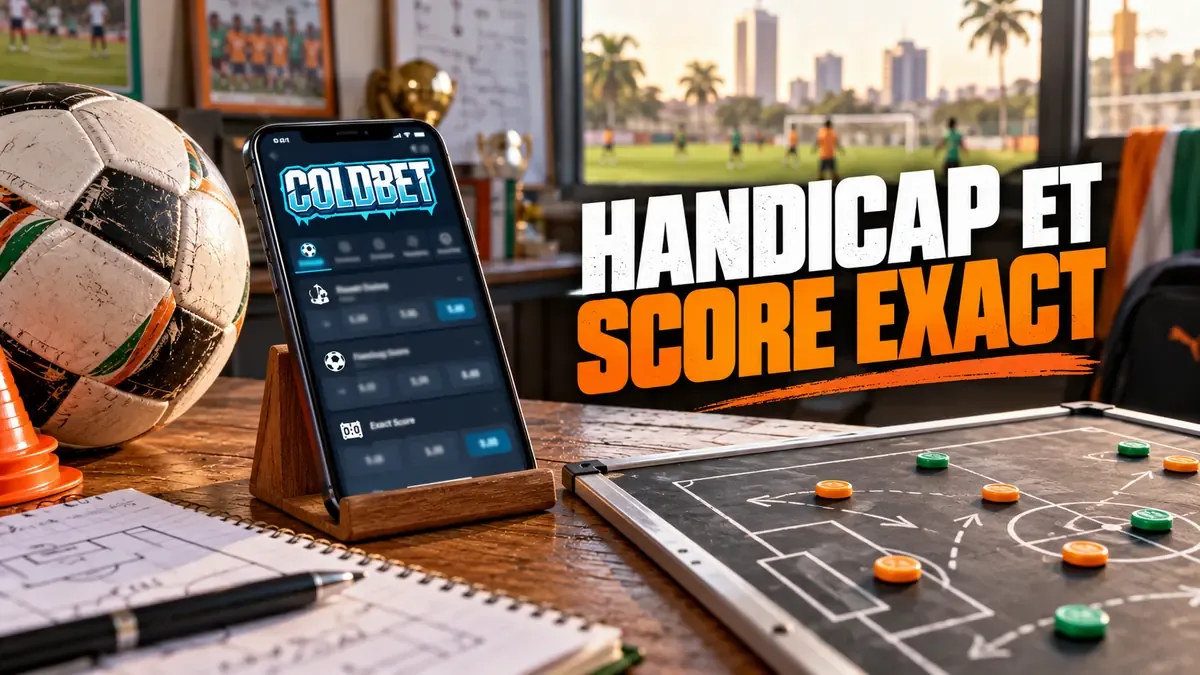 Smartphone avec une fiche de match, ballon et tableau tactique pour expliquer le handicap et le score exact