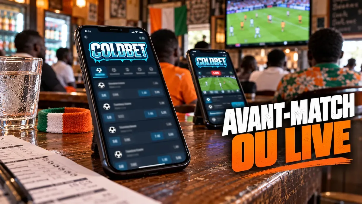 Deux smartphones Coldbet côte à côte, pari avant-match et pari en direct, devant un match télévisé