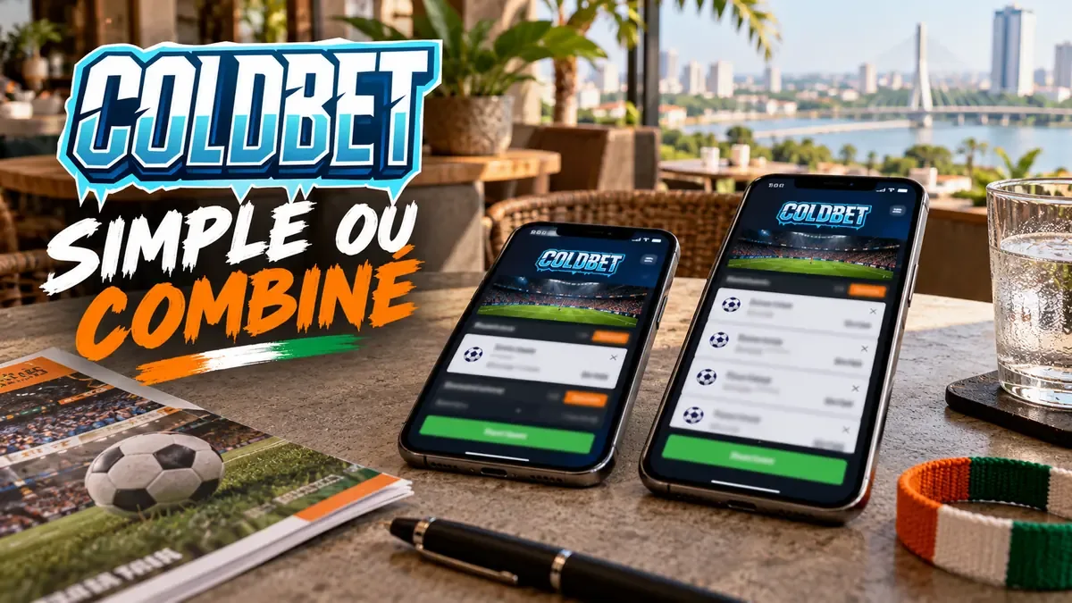 Deux smartphones comparant un pari simple et un pari combiné Coldbet sur une table avec un ballon